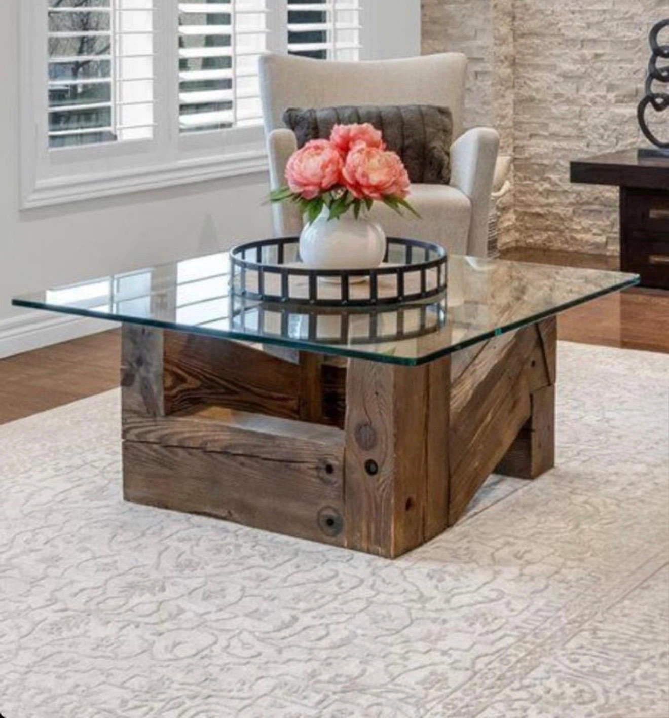 Rustic Reclaimed Wood Coffee Table with Glass Top