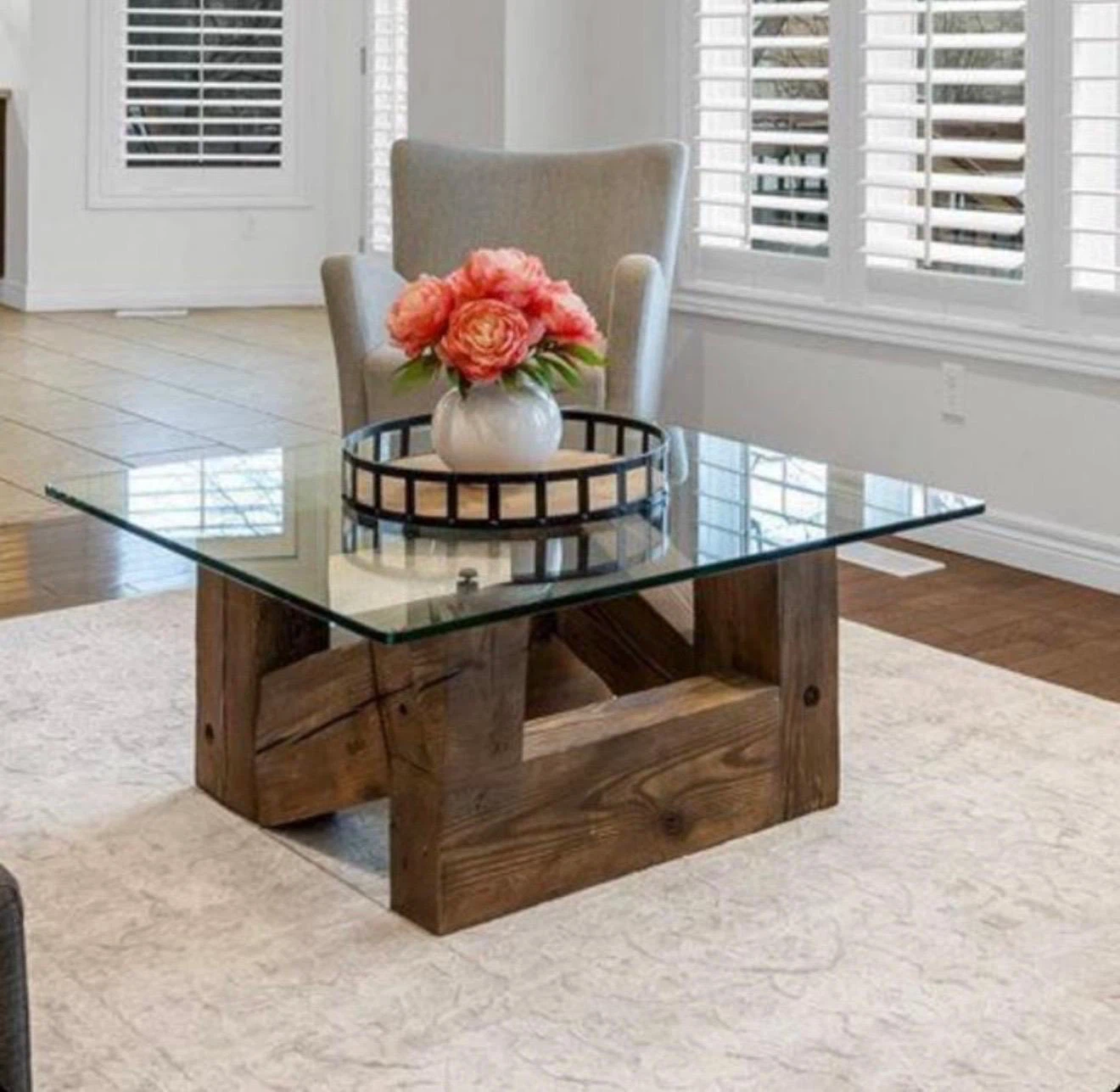 Rustic Reclaimed Wood Coffee Table with Glass Top - photo 2