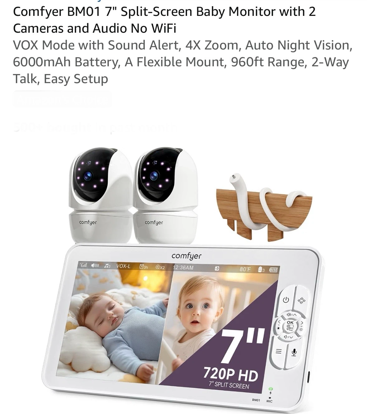 Comfyer BM01 7-inch Split-Screen Baby Monitor with 2 Cameras
