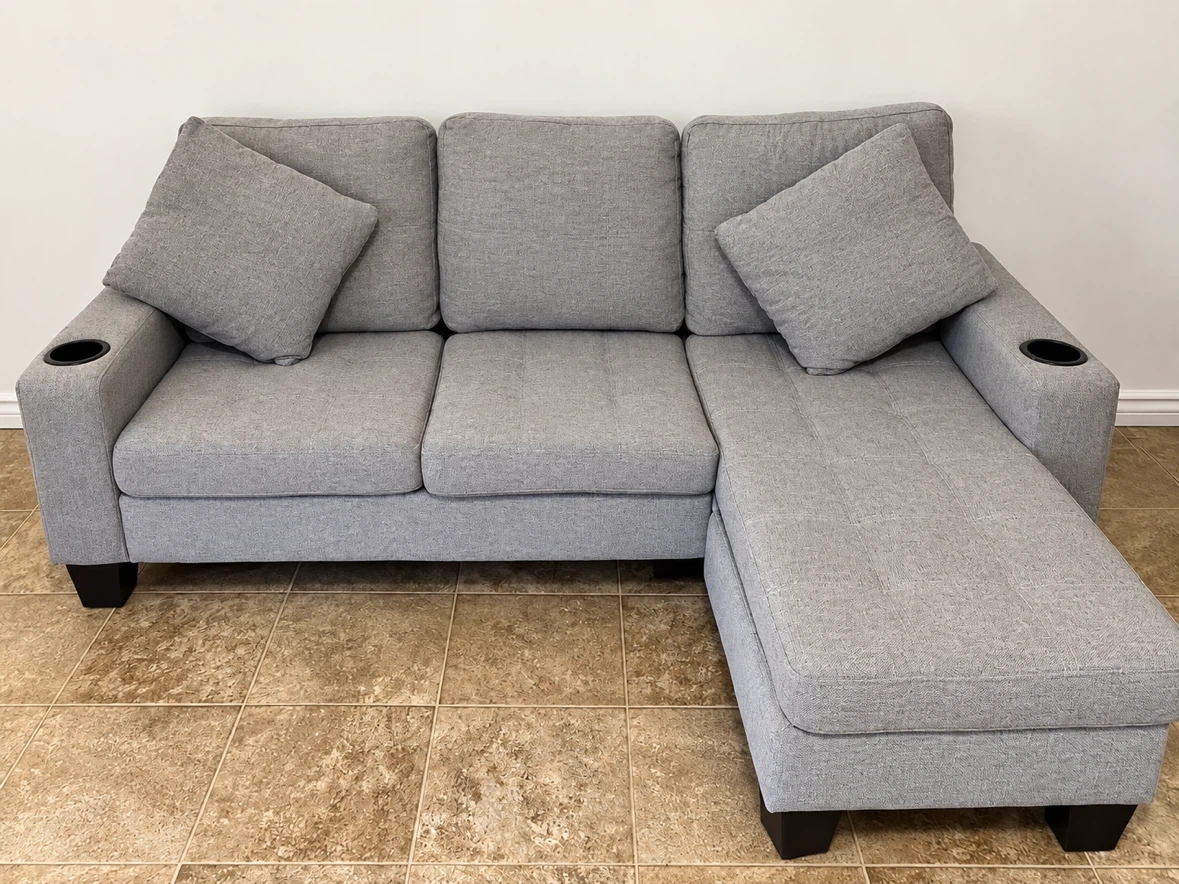 Grey Fabric Sectional Sofa with Cup Holders