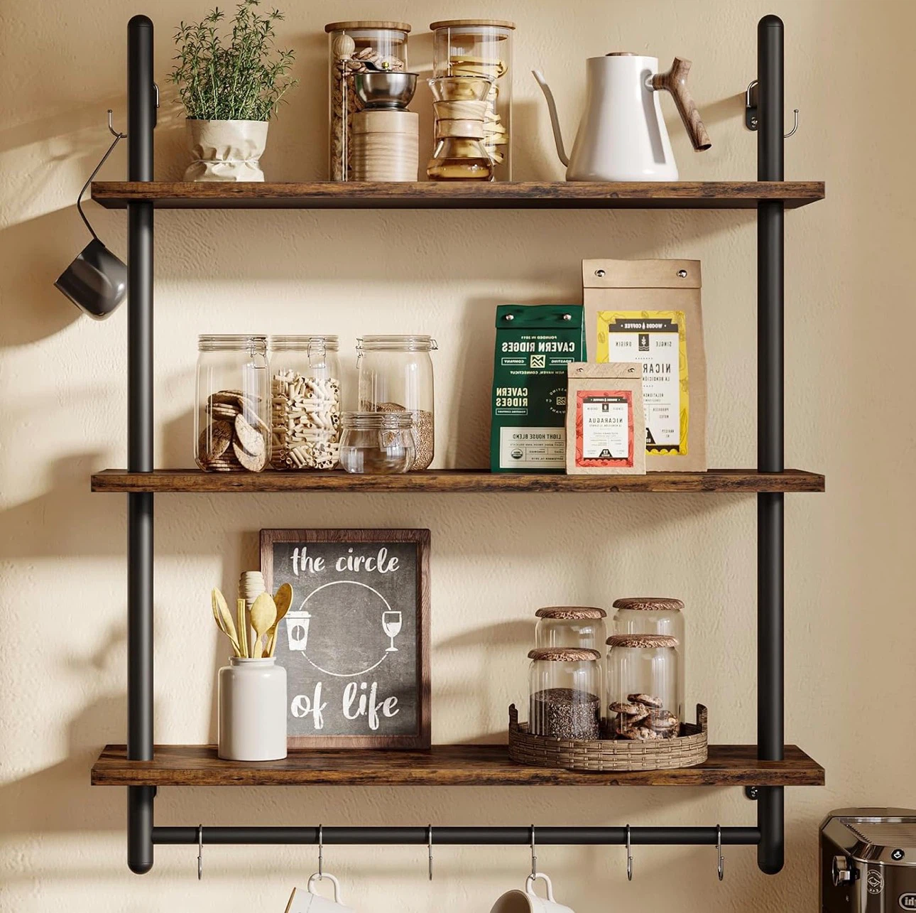 3-Tier Wall Mounted Industrial Pipe Shelving Unit
