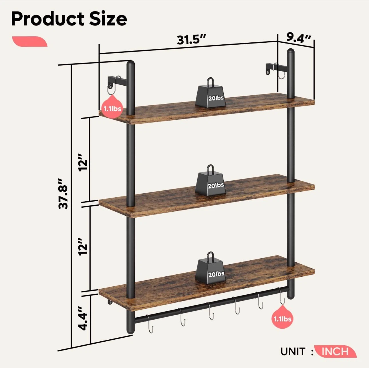 3-Tier Wall Mounted Industrial Pipe Shelving Unit - photo 5