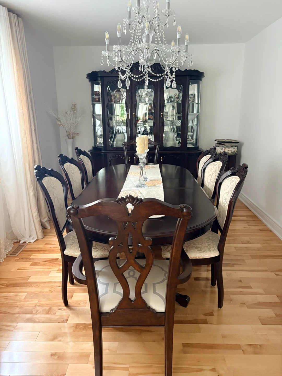 Dark wood dining table with chairs & hutch/cabinet