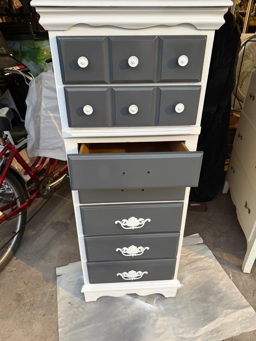 Tall Gray and White Painted Chest of Drawers