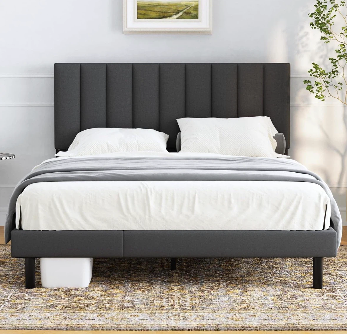 Dark Grey Upholstered Queen Bed Frame