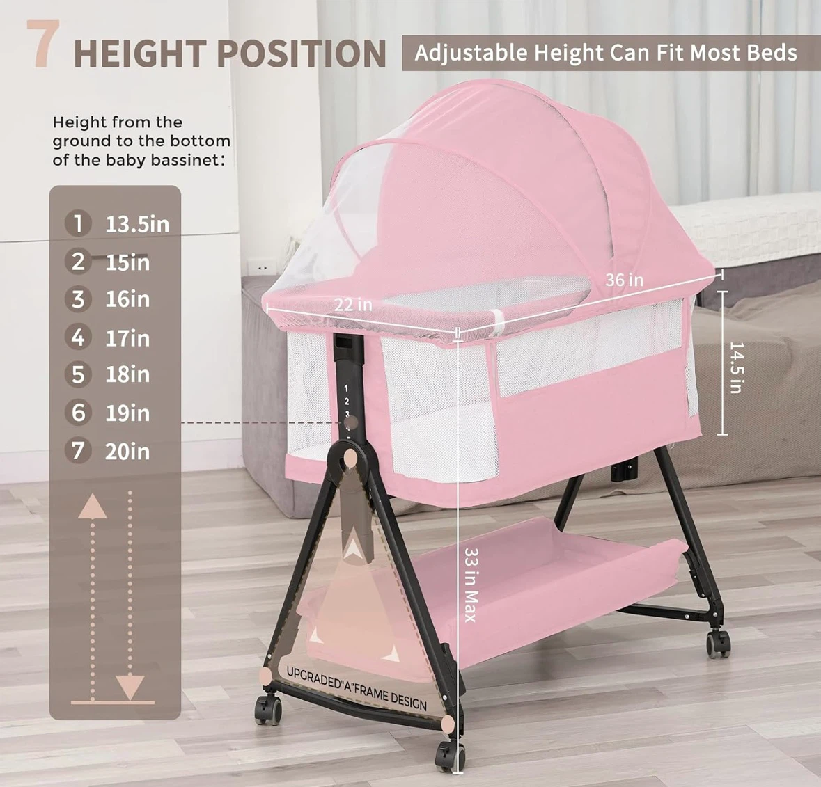 Pink Adjustable Baby Bassinet