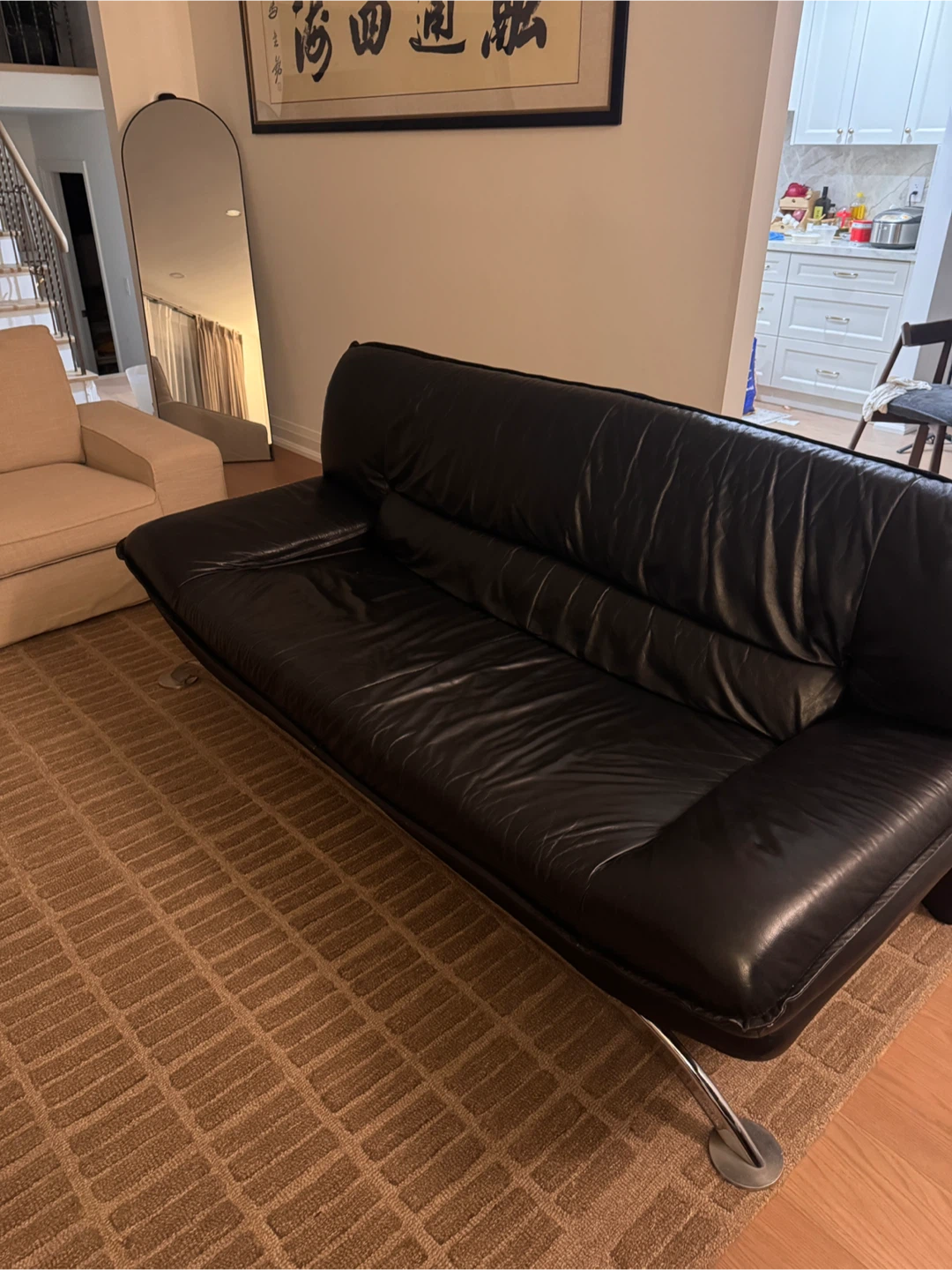 Genuine Leather Sofa with Chrome Legs