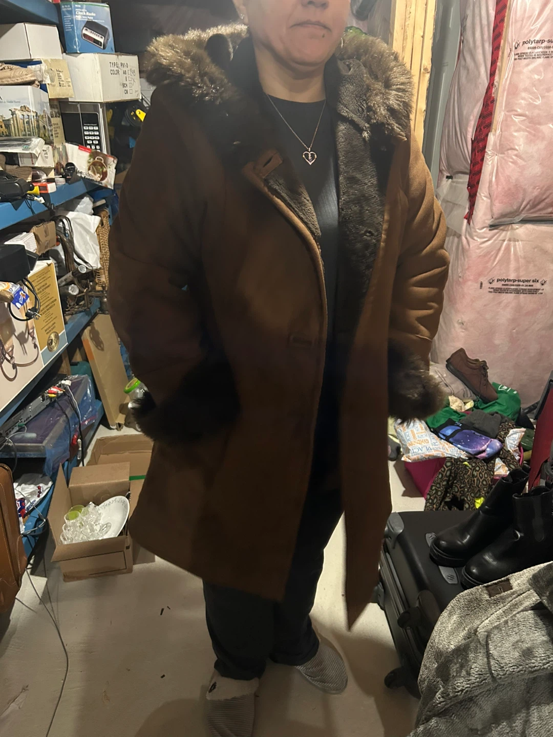 Simon Chang Faux Suede Fur Trim Coat XL