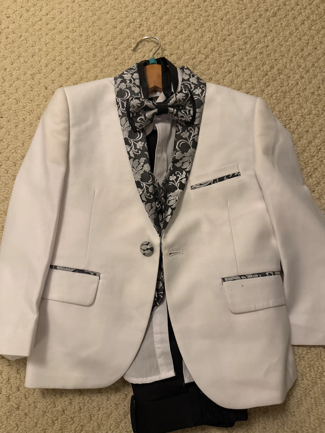Boys Formal White Suit with Black Floral Lapel