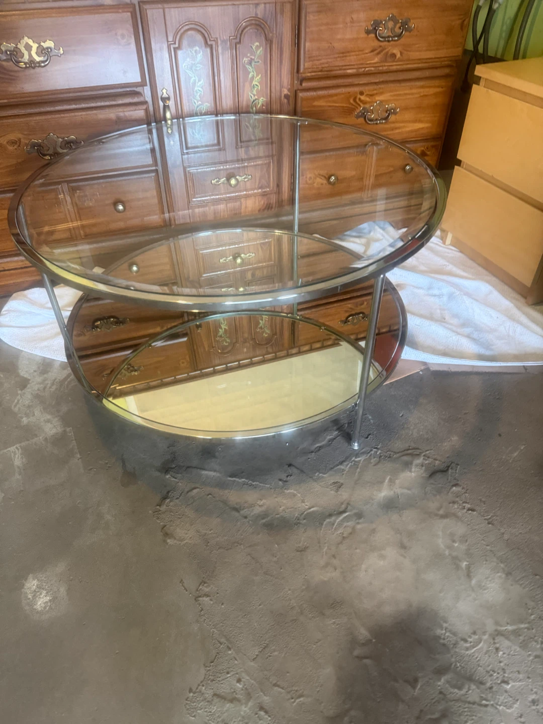 Round Glass Coffee Table with Mirrored Shelf