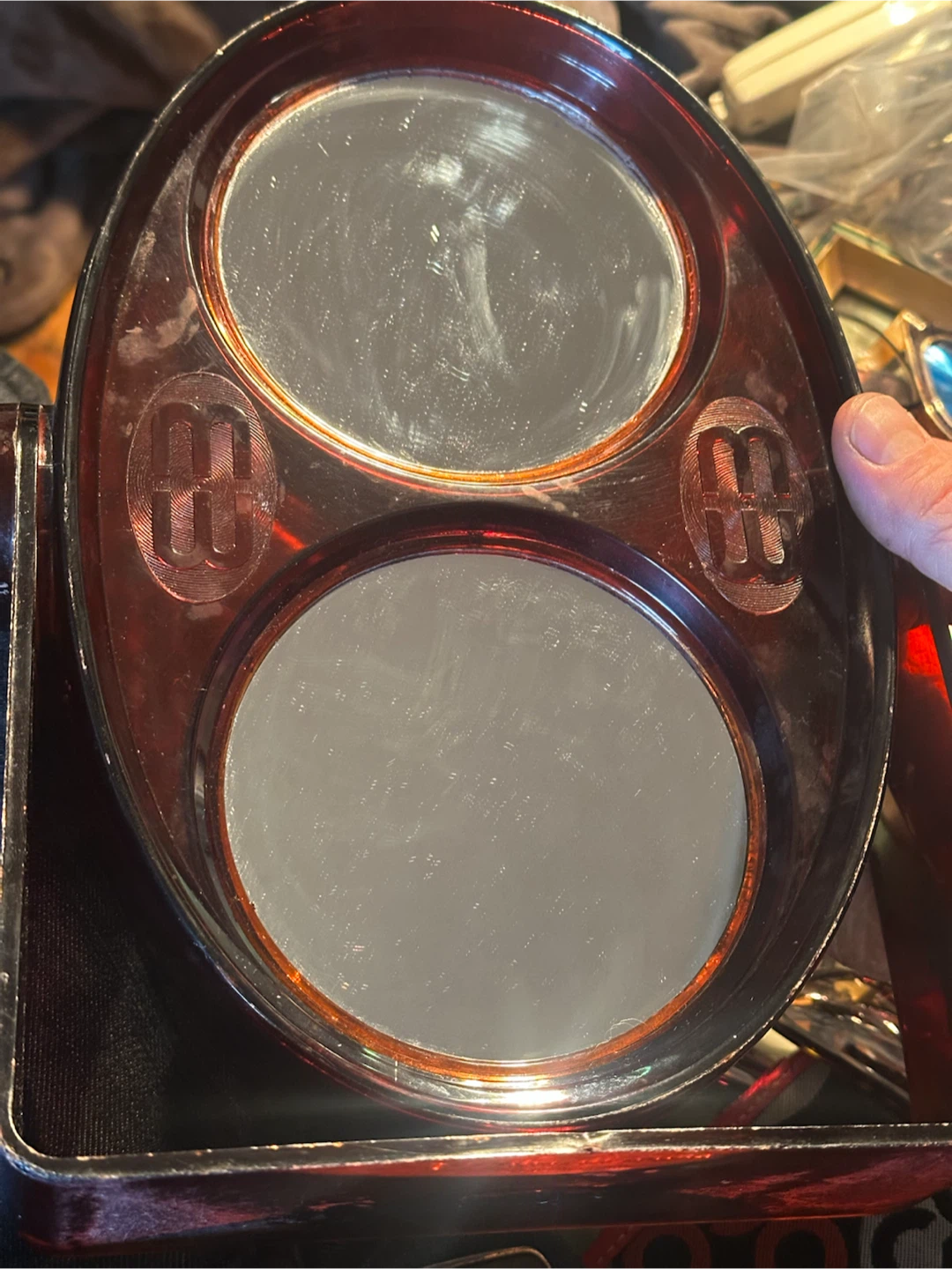 Vintage rootbeer lucite revolving vanity mirror
