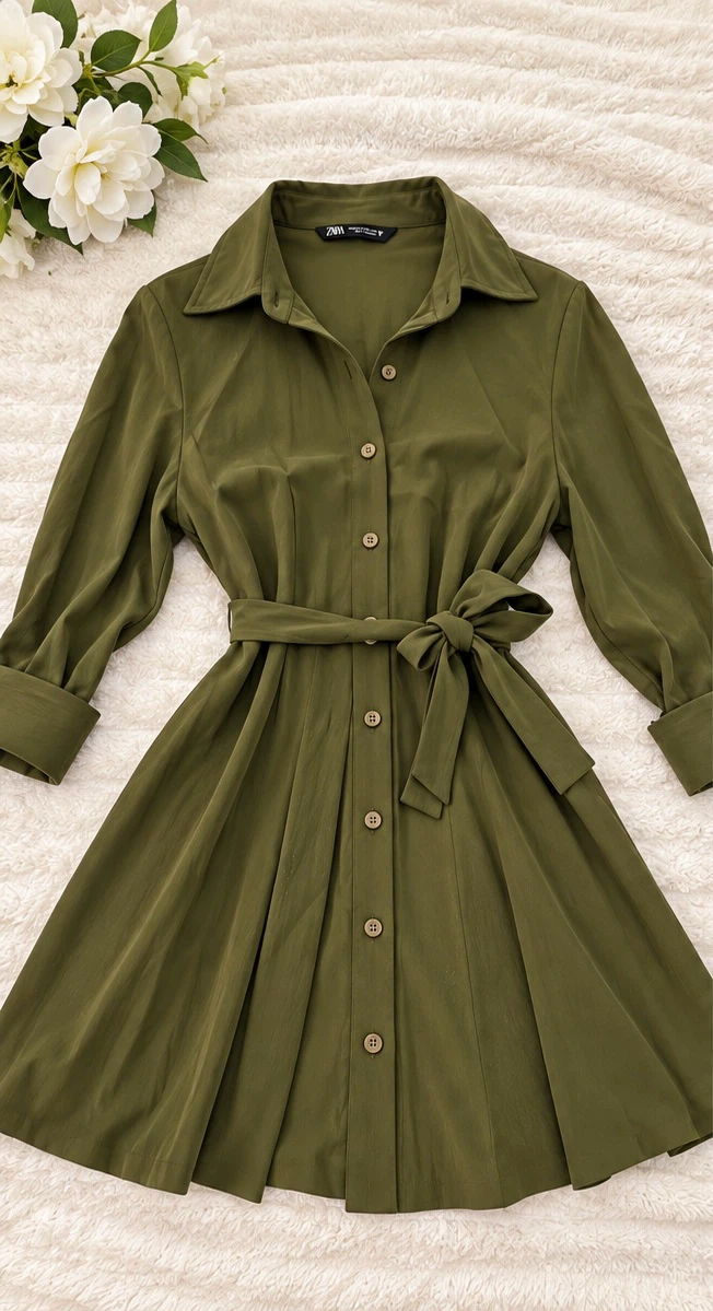 Zara Olive Green Button-Up Shirt Dress - XS