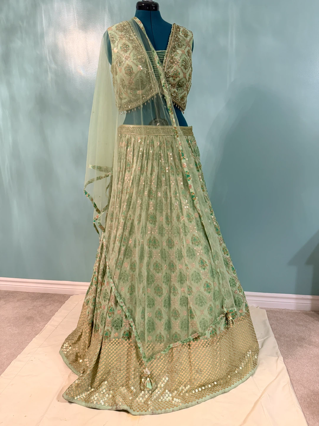 Green Floral Embroidered Lehenga Set