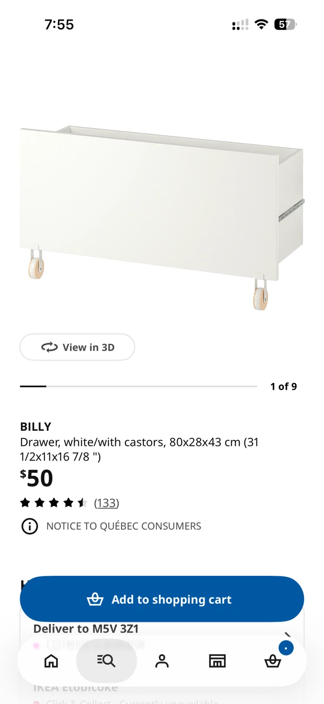 IKEA BILLY Drawer, white with castors