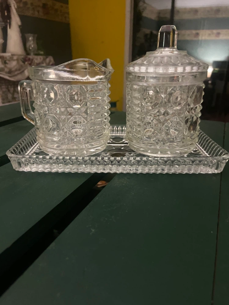 Vintage Pressed Glass Creamer and Sugar Set with Tray