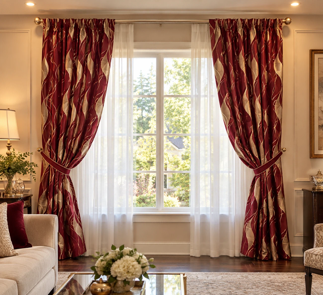 Red and Gold Patterned Curtains. Each