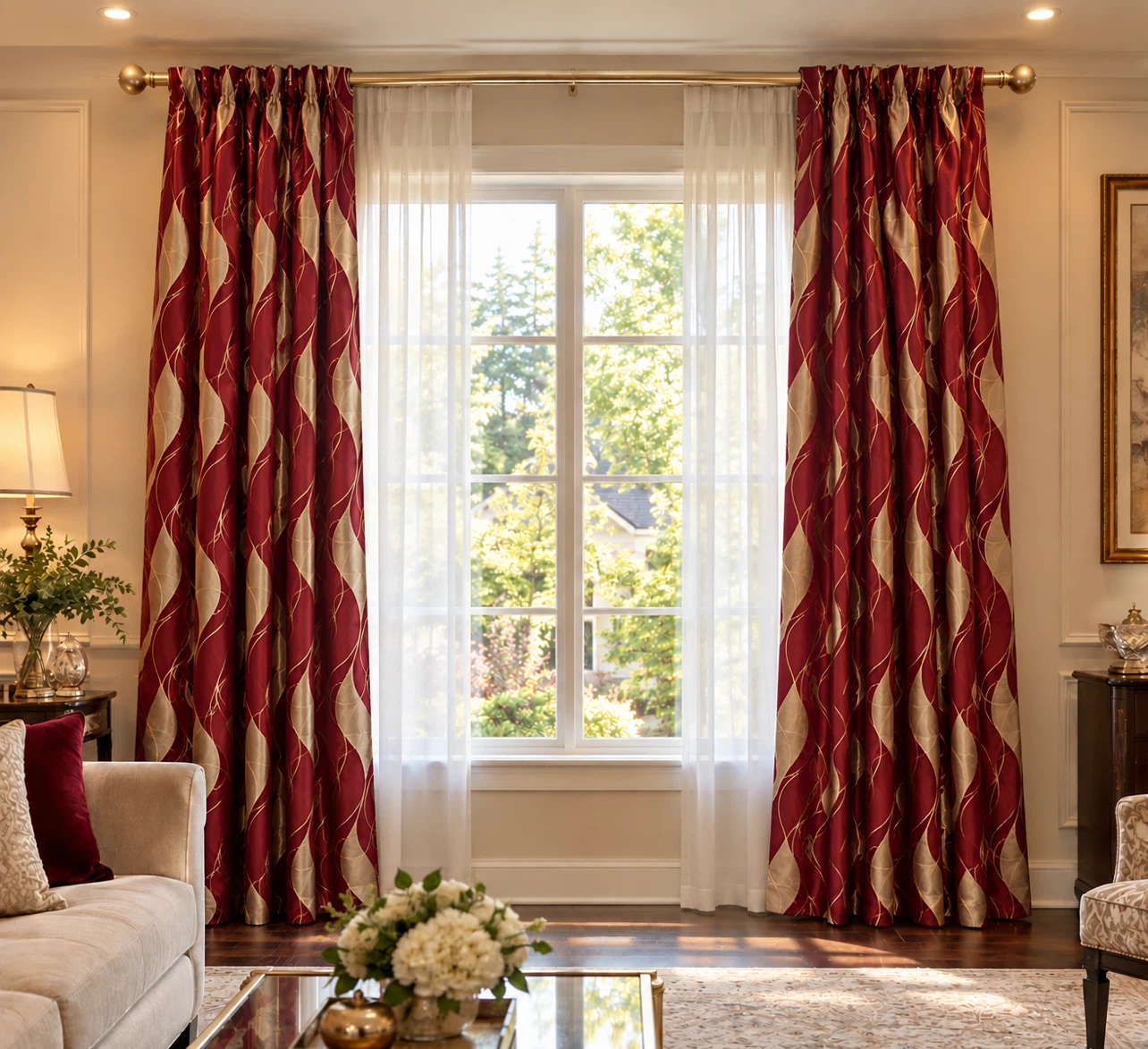 Red and Gold Patterned Curtains. Each - photo 2