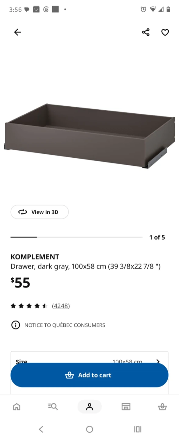 IKEA KOMPLEMENT Drawer, Dark Gray, 100x58 cm
