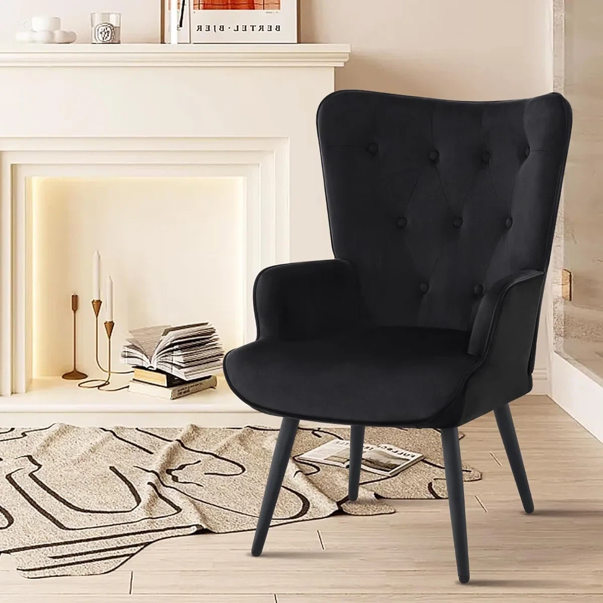 Black velvet accent wingback chair