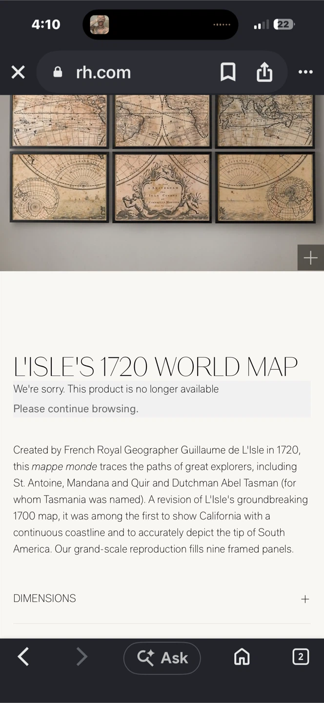 RH L'Isle's 1720 World Map Wall Art - photo 3
