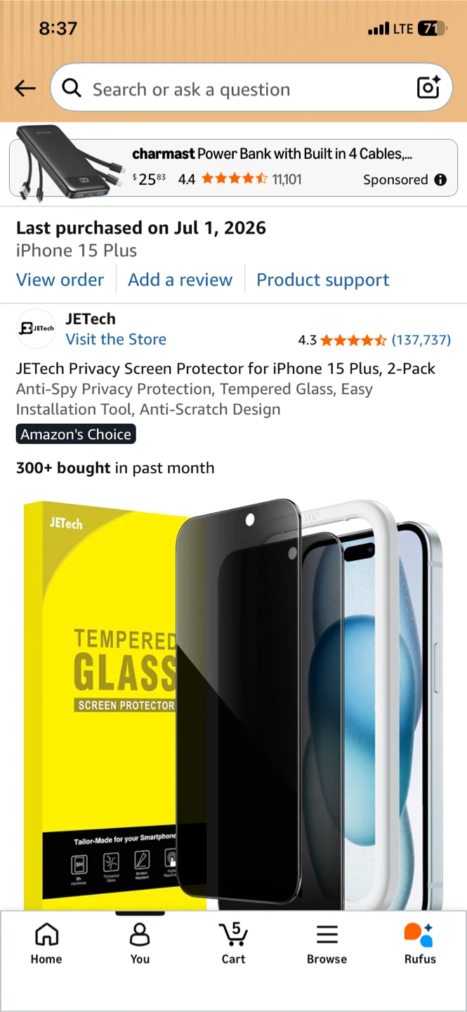 1 piece of JETech Privacy Screen Protector for iPhone 15 Plus
