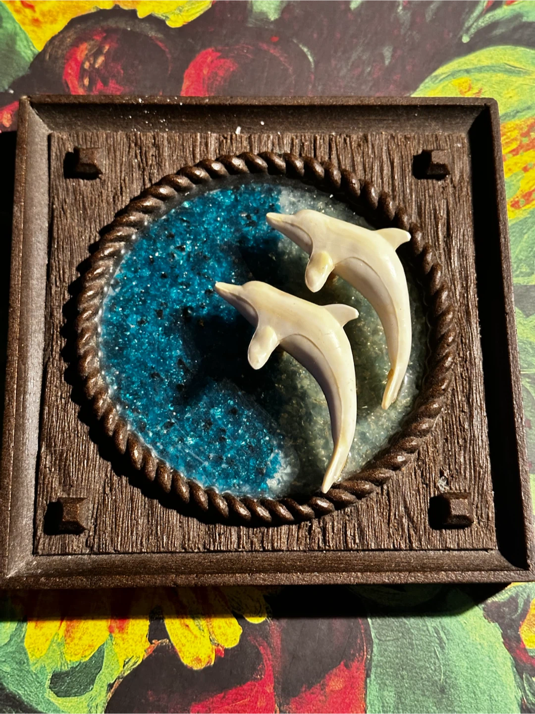 Mid Century 1975 Crushed Lucite Dolphin Wall Art