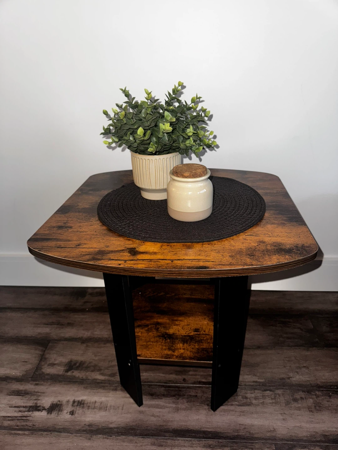 Rustic brown side table with shelf