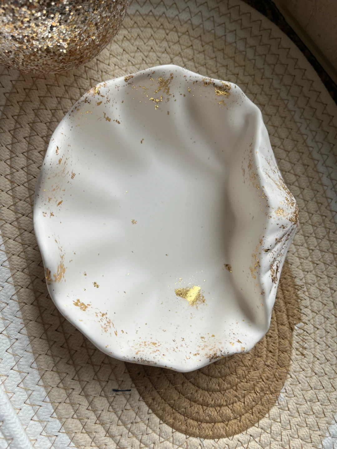 Trinket Dish - Handmade- Soft white with Gold detailing