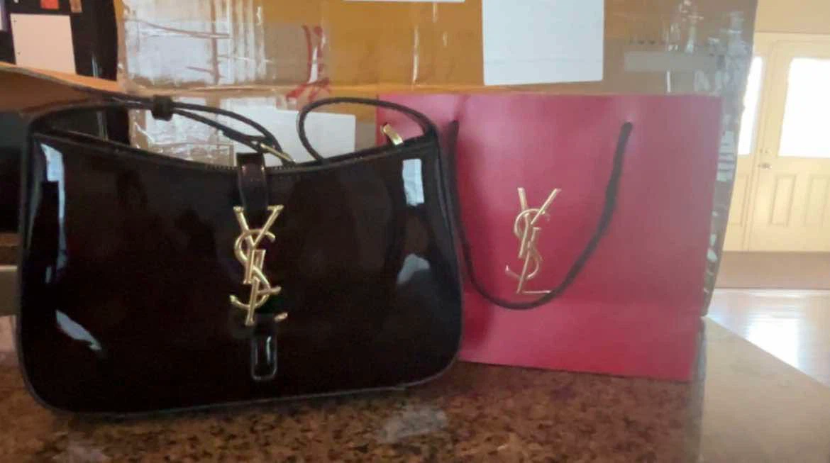 Black patent leather shoulder bag