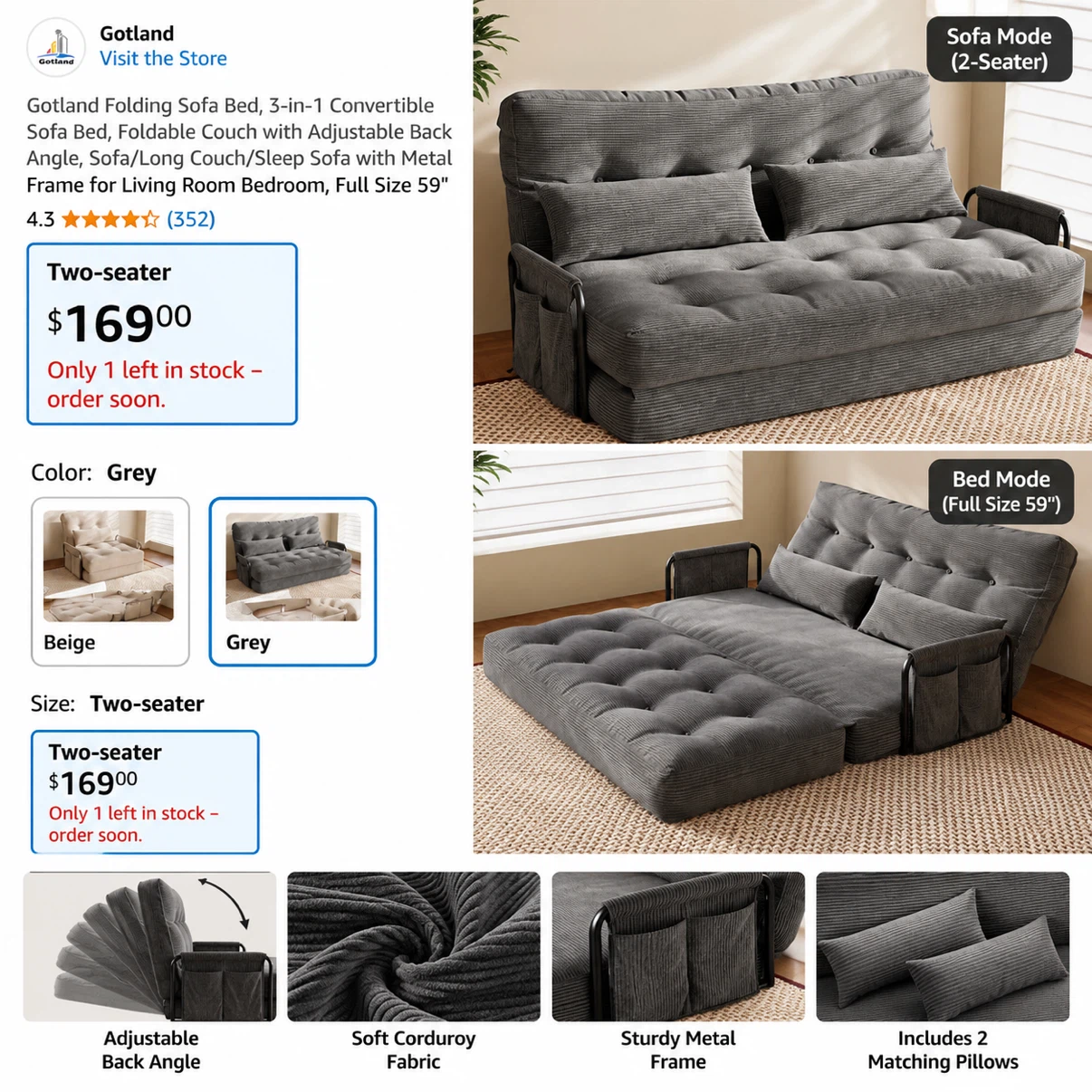Gotland 3-in-1 Grey Convertible Sofa Bed - photo 5