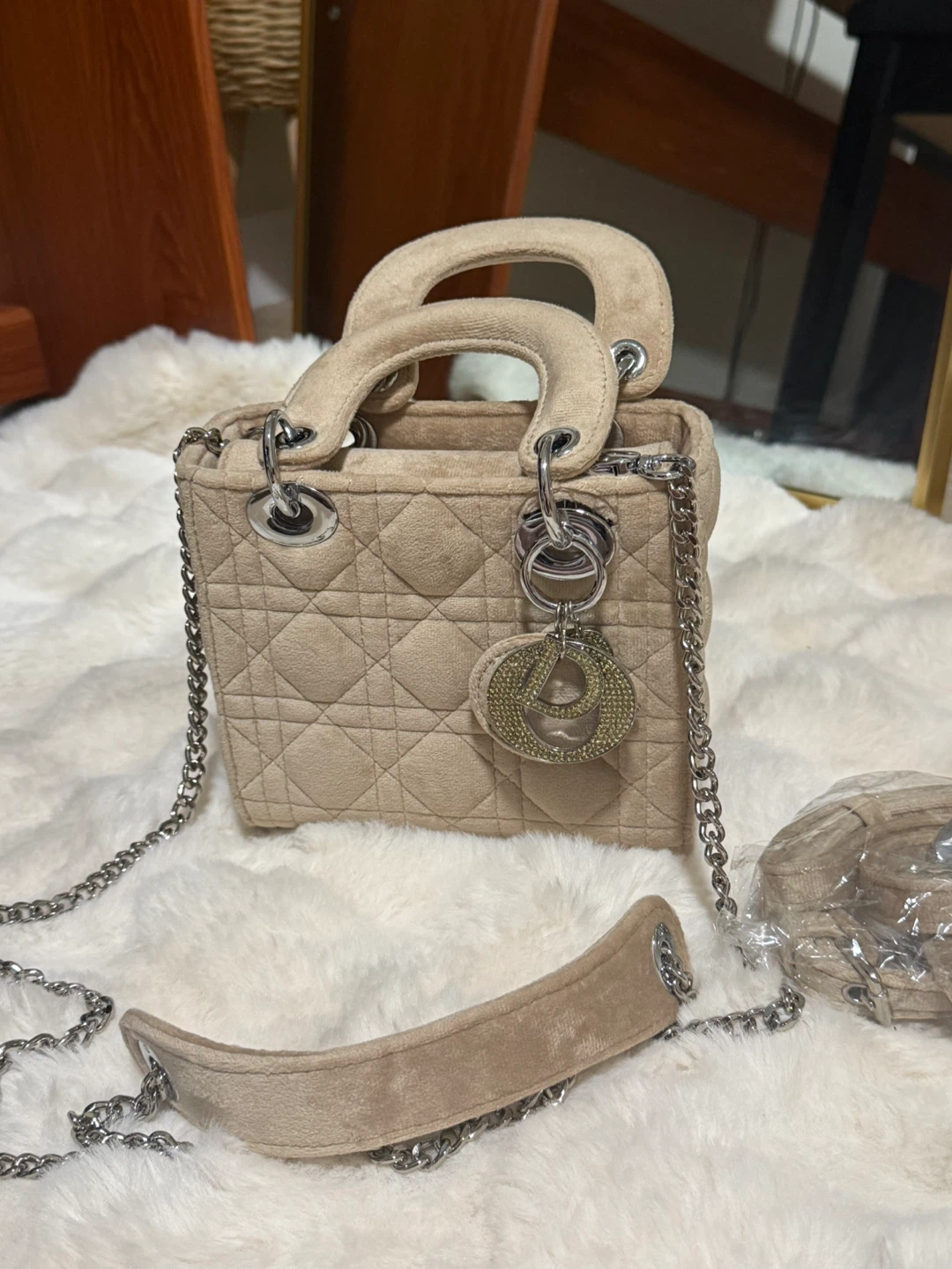 Lady Small Velvet Beige Bag