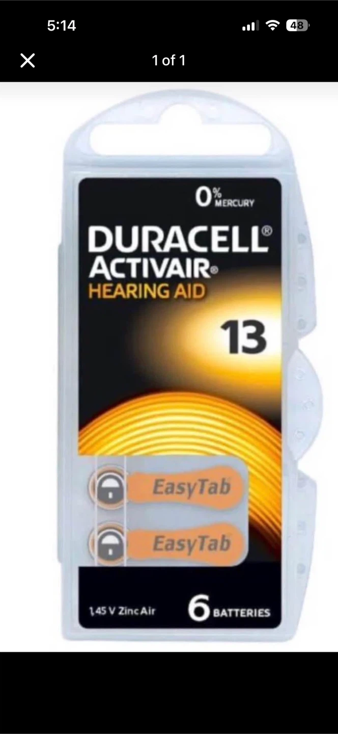 6 pack Duracell Easy Tab Hearing Aid Batteries