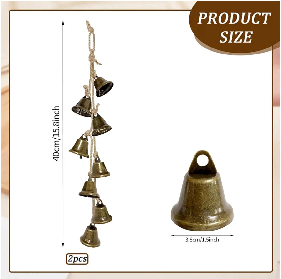 2 Pack Witch Bells for Door Knob,Brass-Colored Iron Bell Strings