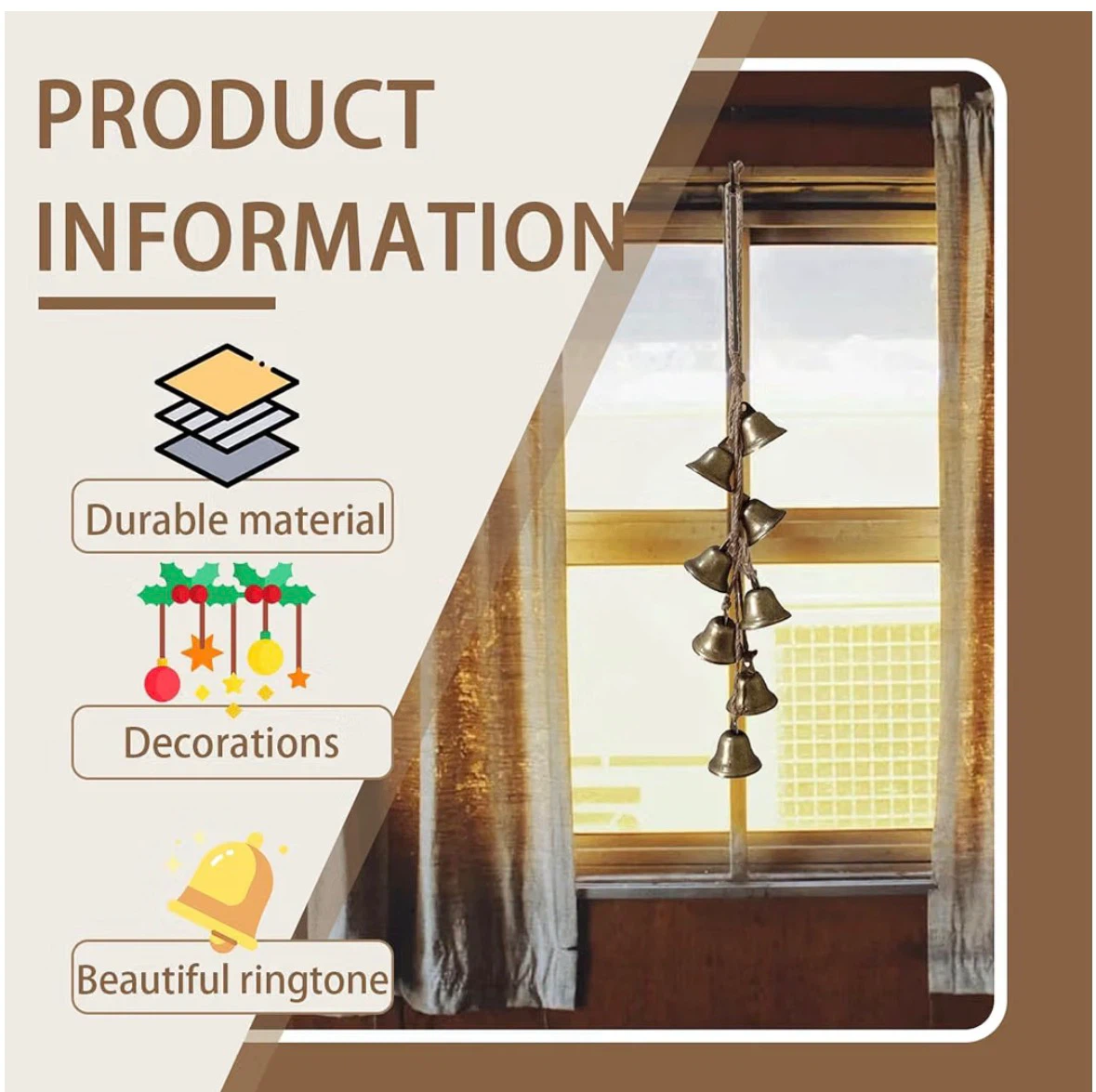 2 Pack Witch Bells for Door Knob,Brass-Colored Iron Bell Strings - photo 2