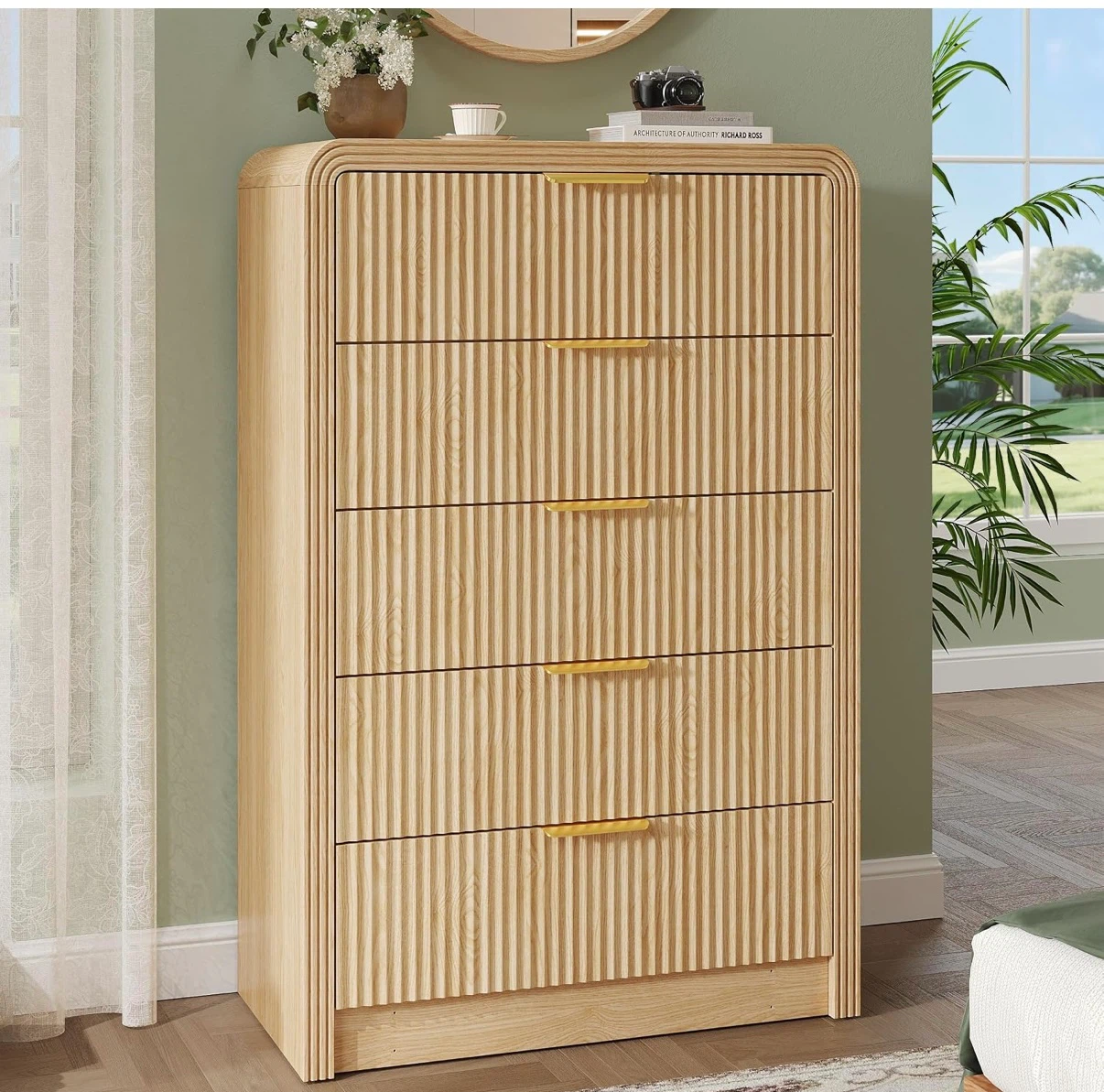 5-Drawer Ribbed Wood Dresser with Gold Handles