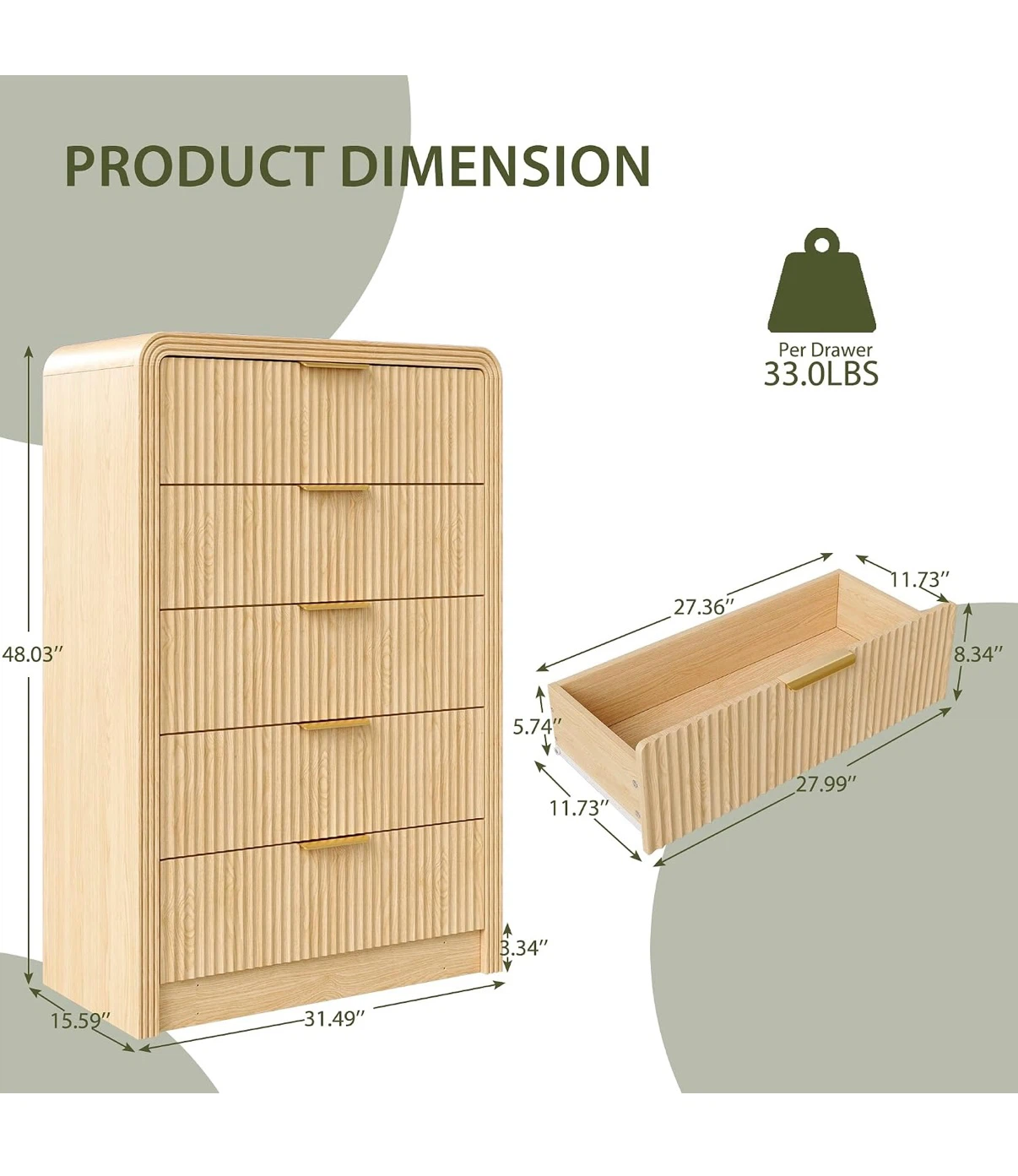 5-Drawer Ribbed Wood Dresser with Gold Handles - photo 2