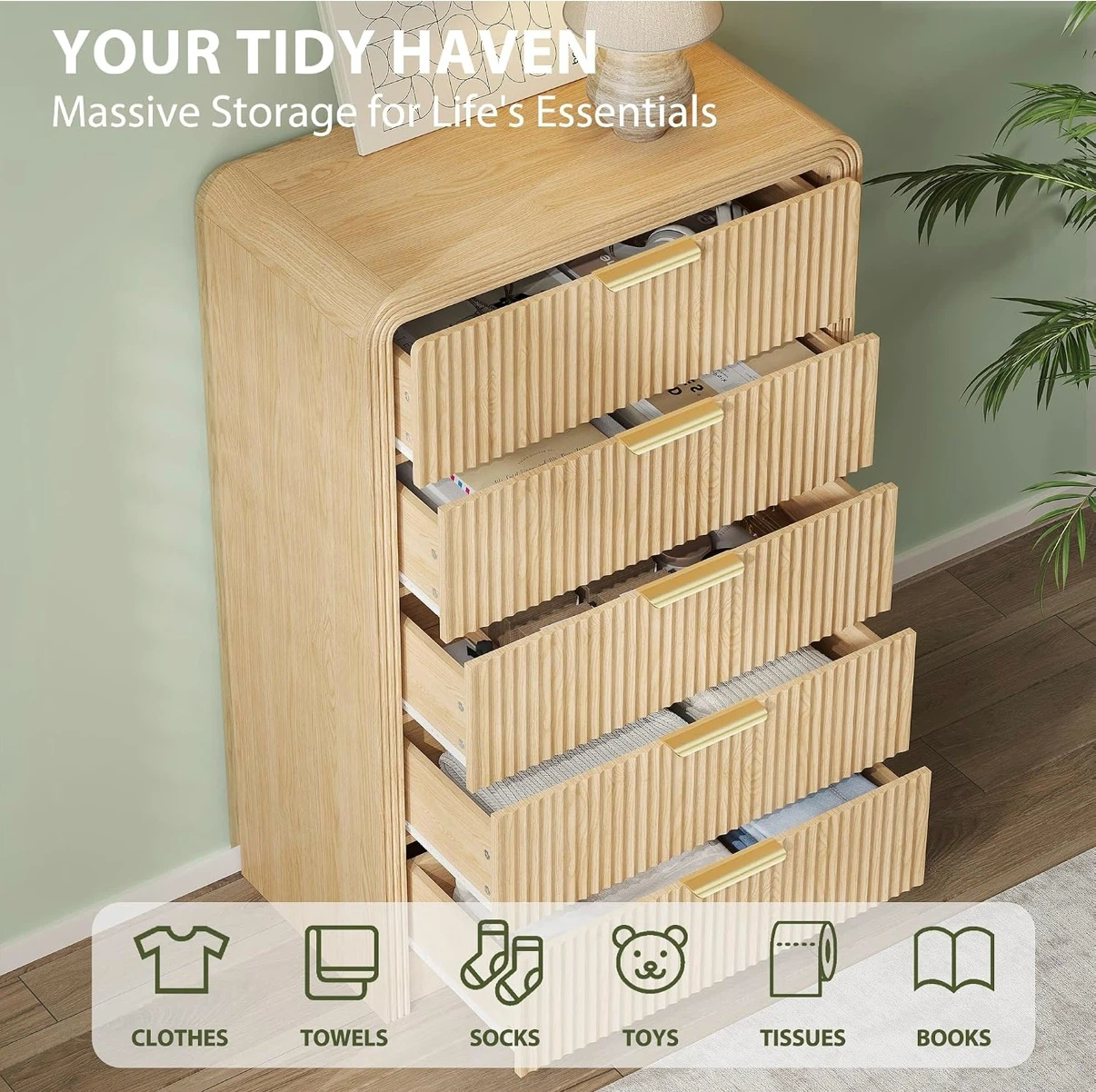 5-Drawer Ribbed Wood Dresser with Gold Handles - photo 3