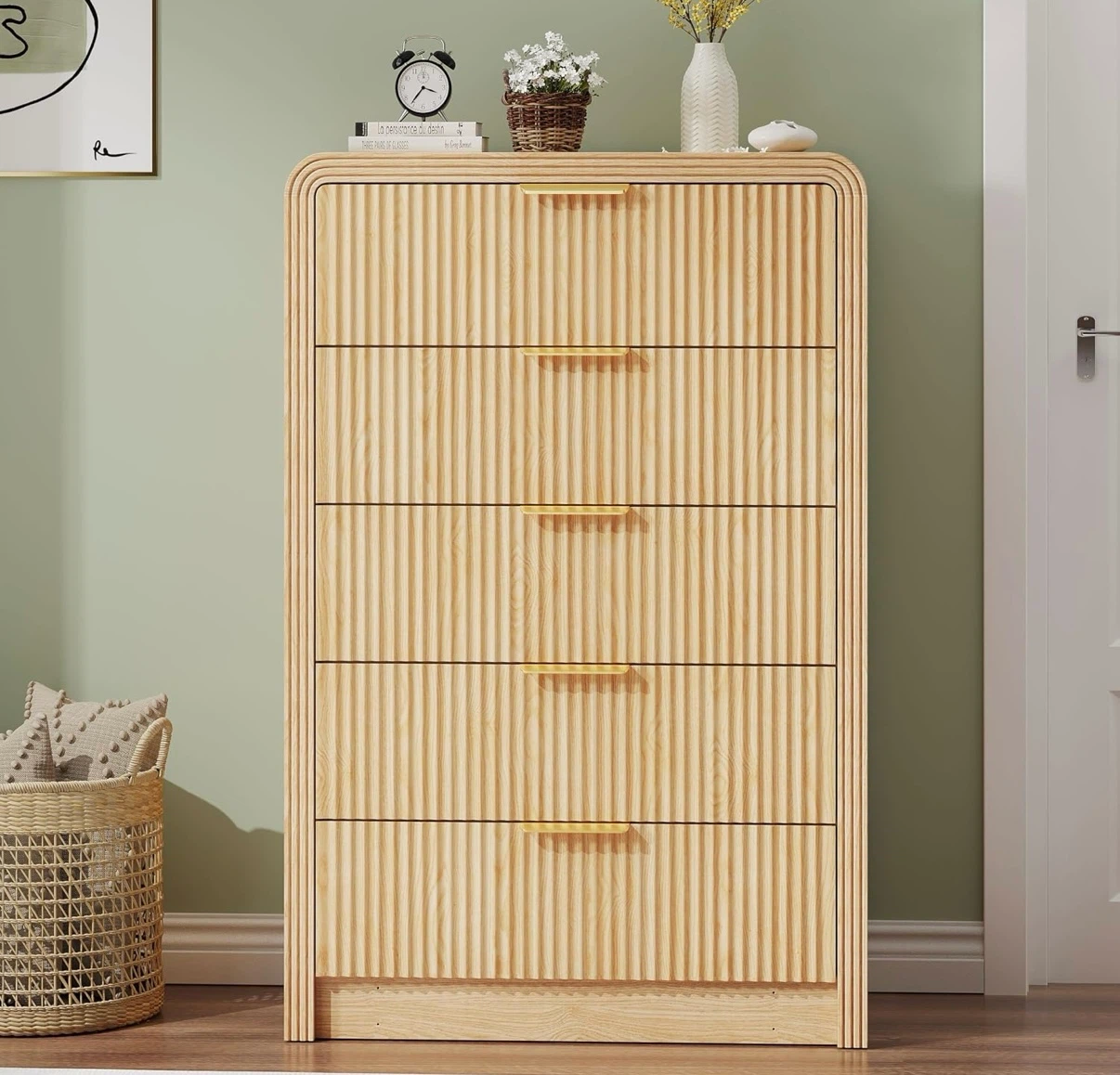 5-Drawer Ribbed Wood Dresser with Gold Handles - photo 5