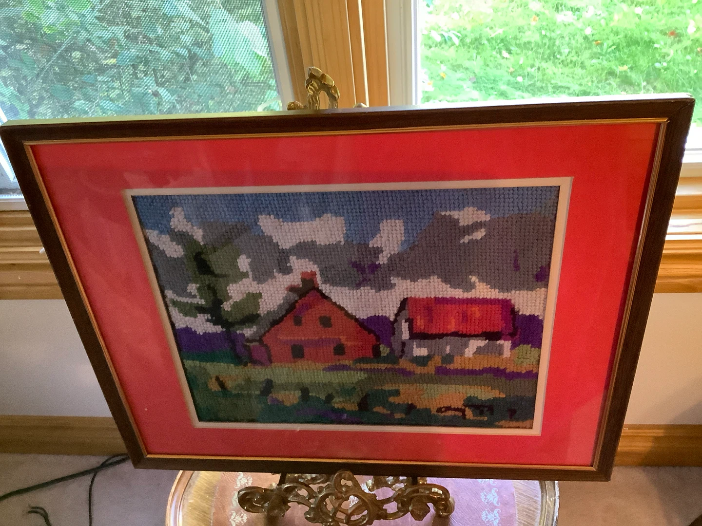 Vtg Landscape Needlepoint Framed Wall Art 🐞