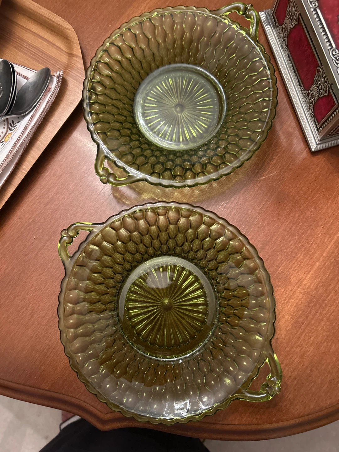 Two Vintage Green Glass Serving Bowls