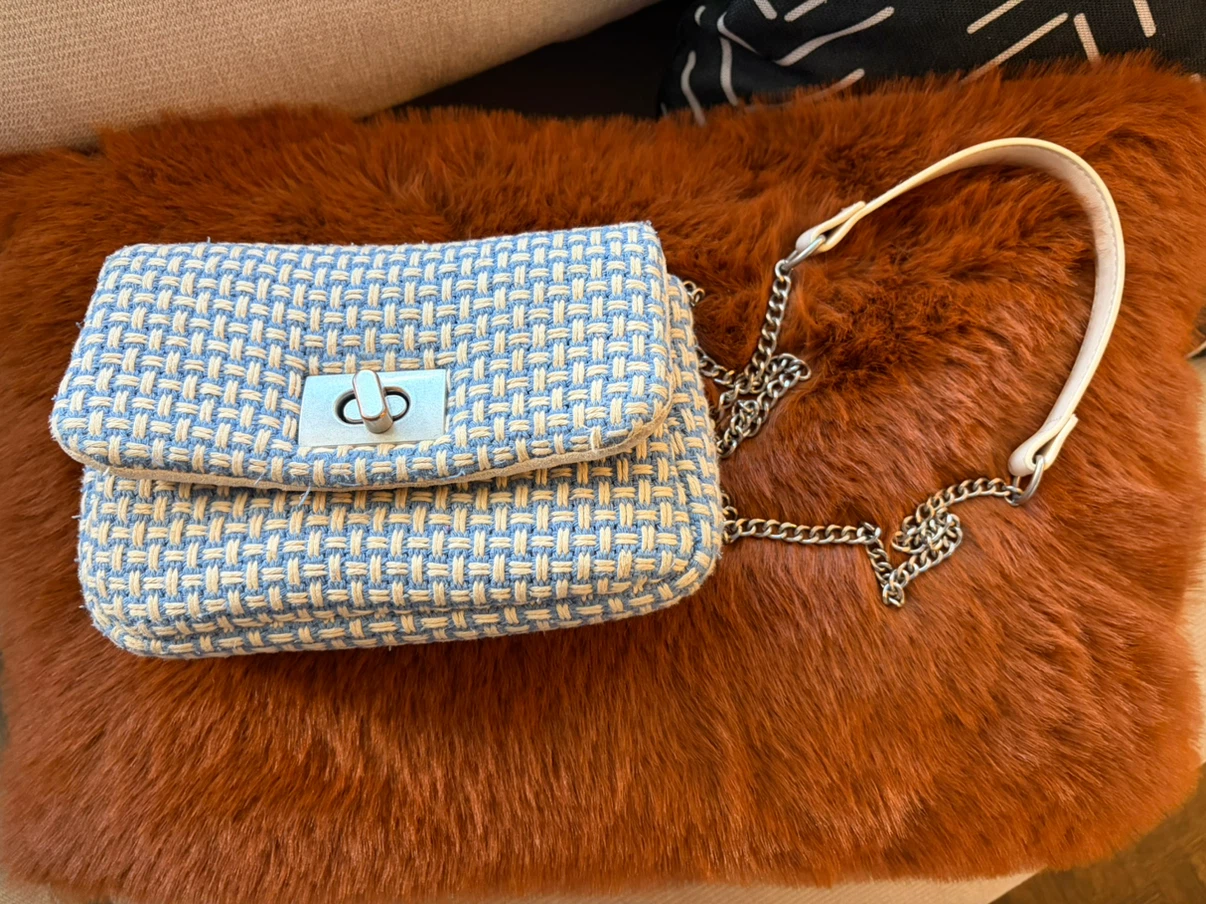 Blue and Cream Woven Tweed Crossbody Bag