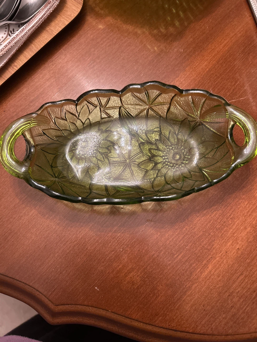 Vintage Green Glass Floral Dish