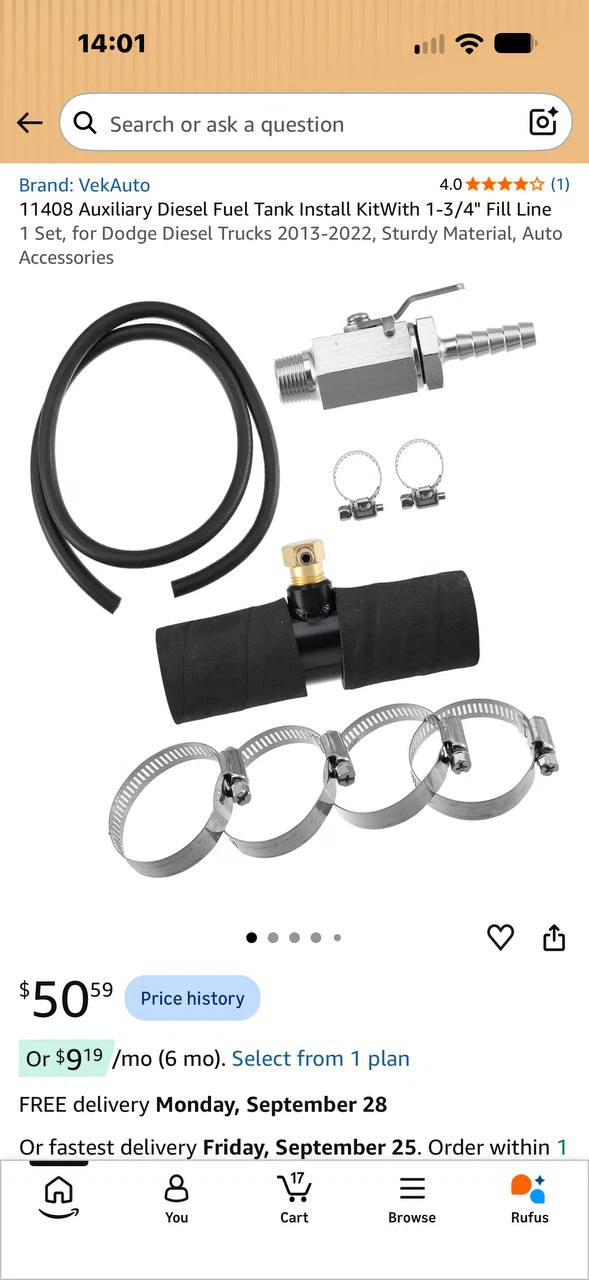 VekAuto 11408 Auxiliary Diesel Fuel Tank Install Kit for Dodge