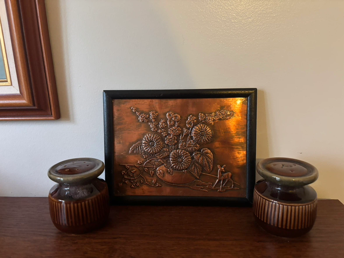 Vintage Copper Wall Art and Salt and Pepper Shakers