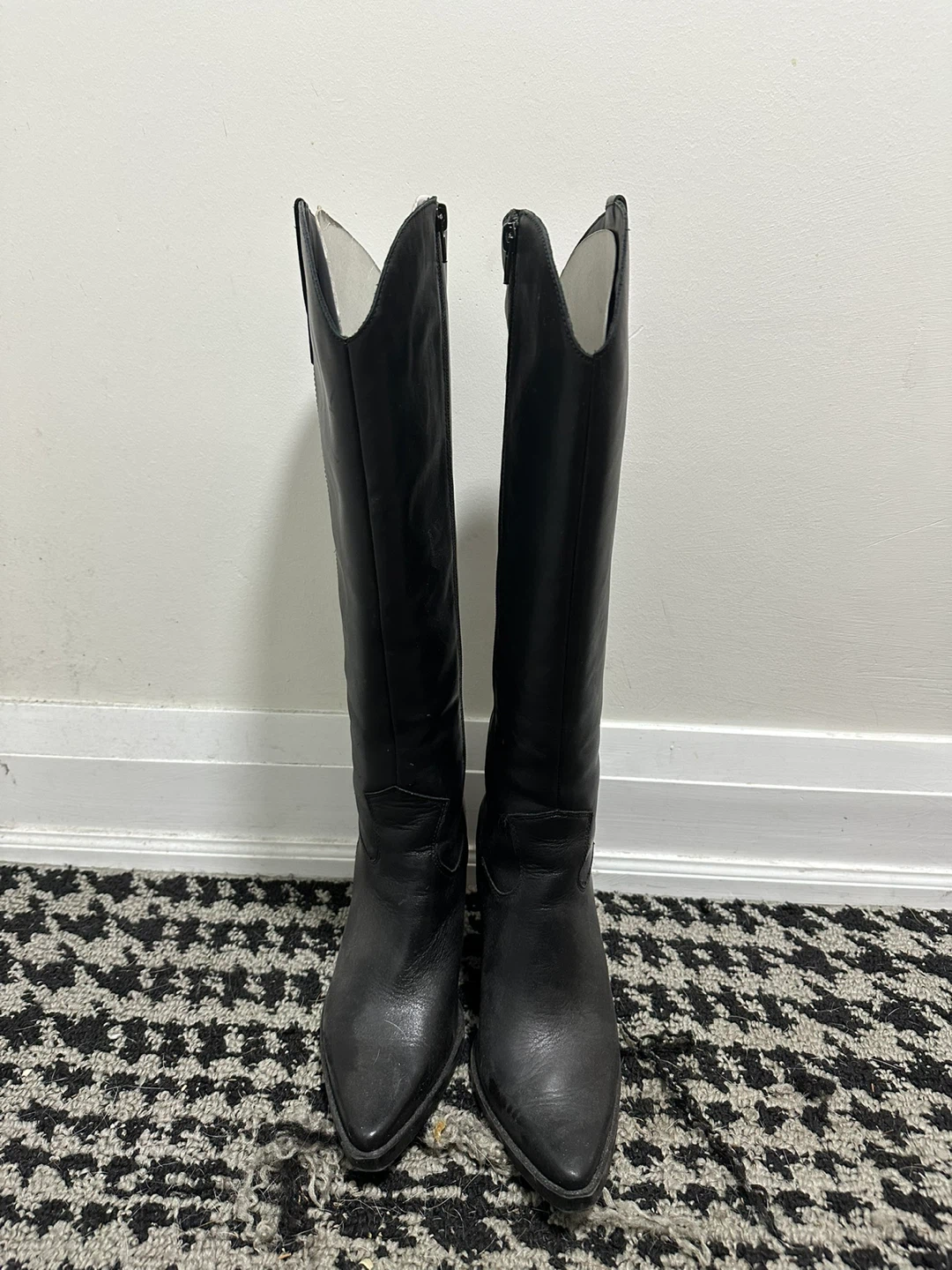 Black Leather Western Knee-High Boots