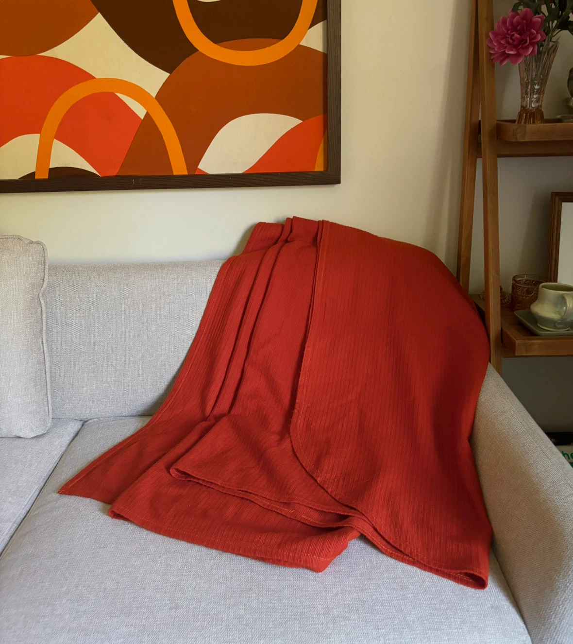 Vibrant Vintage 1970s Burnt Orange Ribbed Throw Blanket