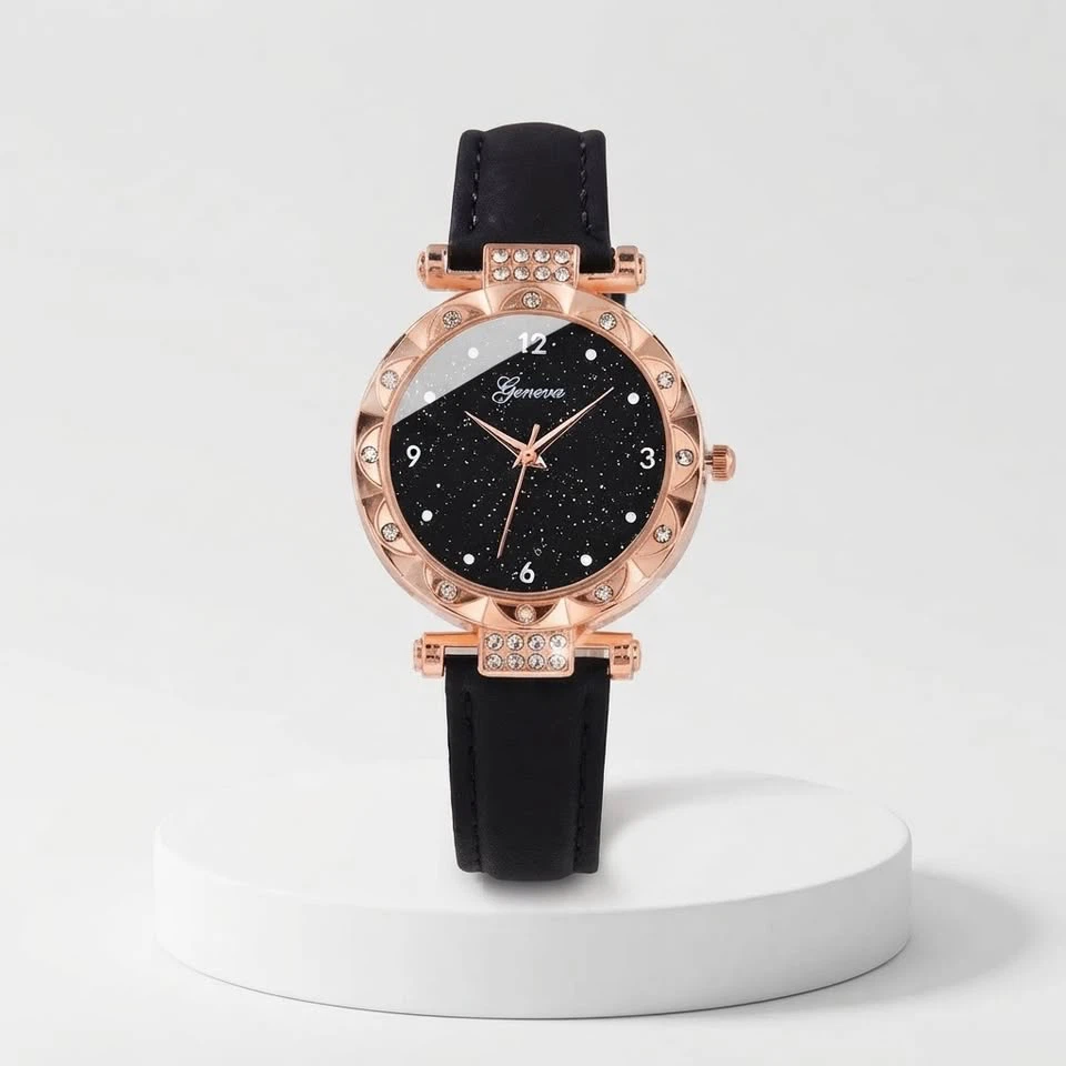 Geneva Women's Black and Rose Gold Watch