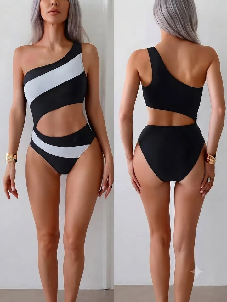 Black and White One-Shoulder Cutout Swimsuit