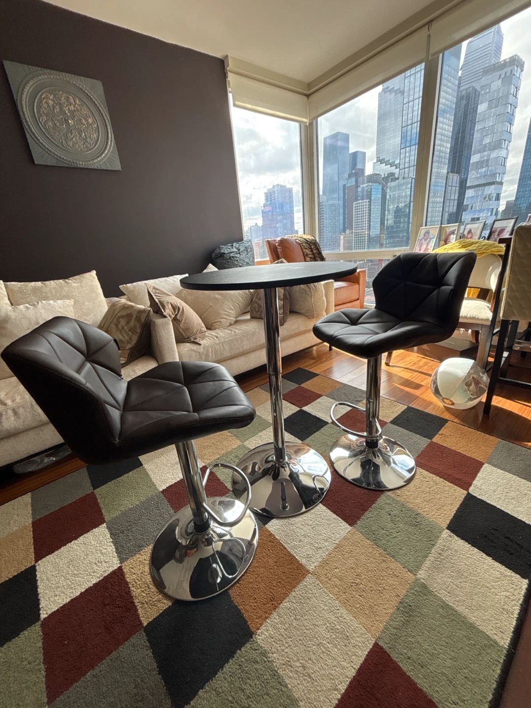 Pub Table and Two Brown Bar Stools