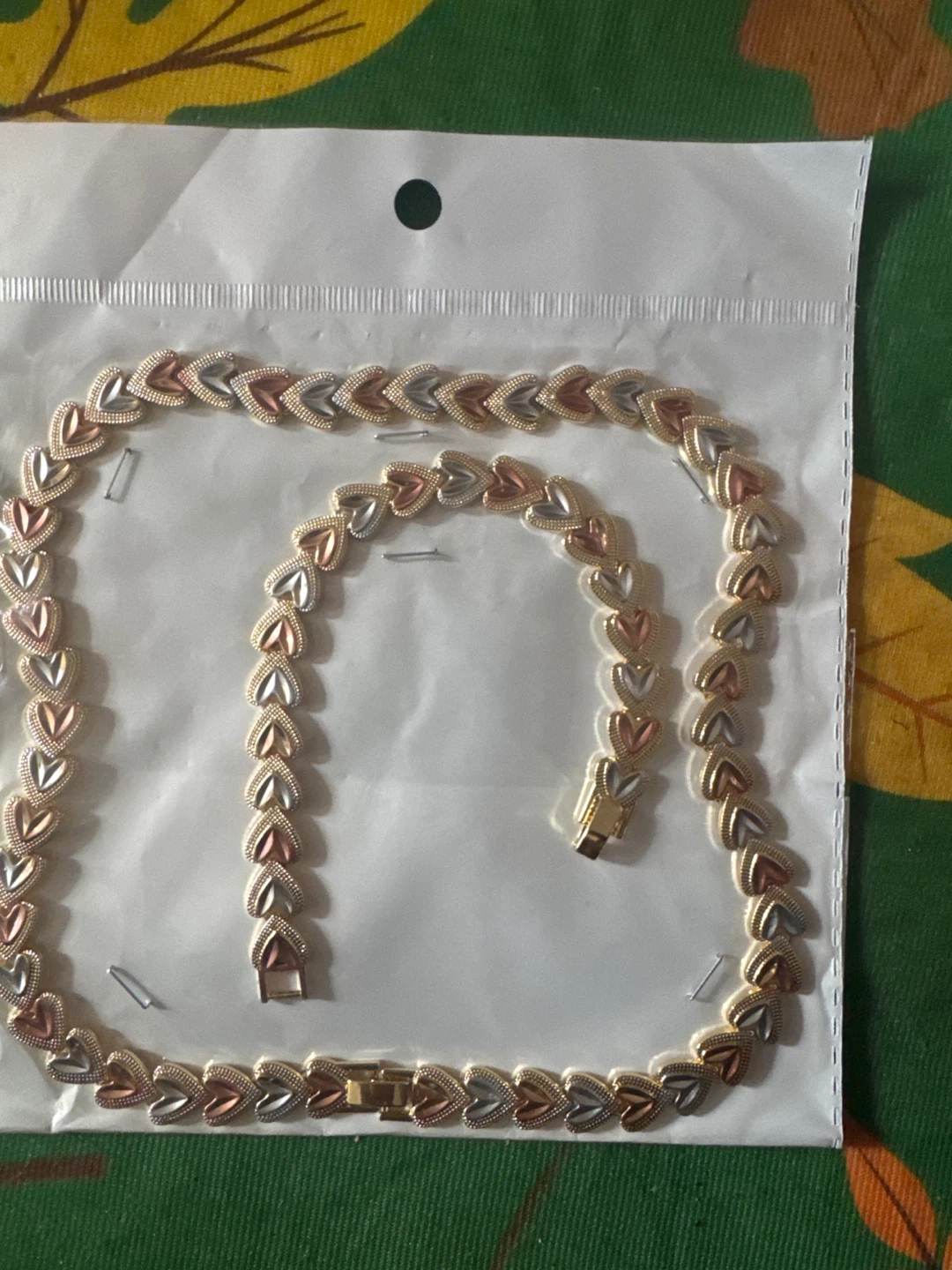 Tri-tone Heart Link Necklace and Bracelet Set